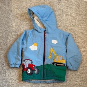 Mini Boden Blue Jacket with Red Tractor and Yellow Excavator